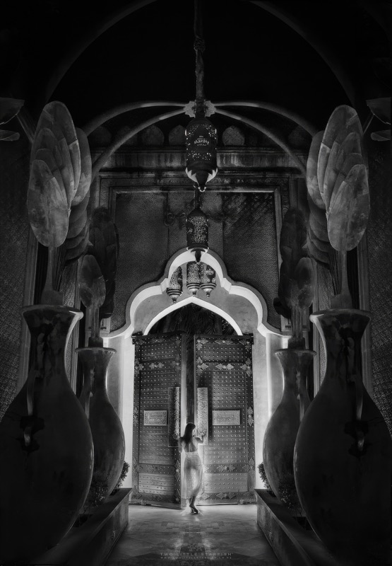 Bride in ornate doorway, black and white fine art wedding photograph